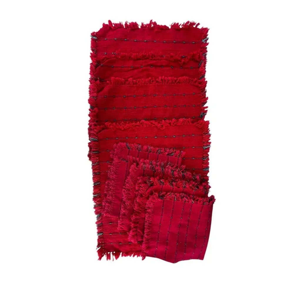Set Of 4 Handmade Woven Red Placemats & Napkins Fringe Edges & Green Accent